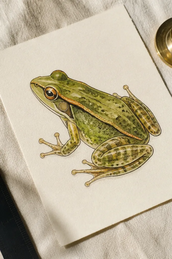Cream hot-press paper with a dark ink frog and a thin gold border