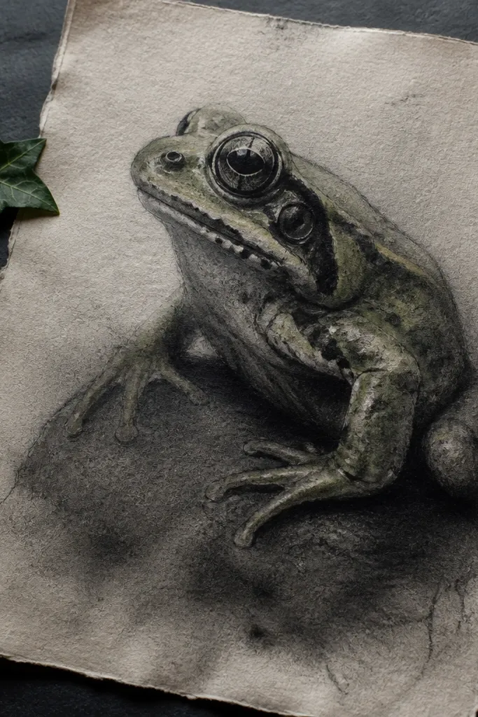 Charcoal frog sketch with soft green washes over the body