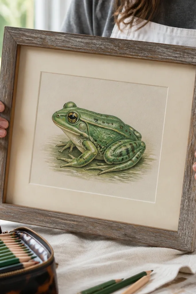 Green colored pencil frog with bright burnished spots on skin