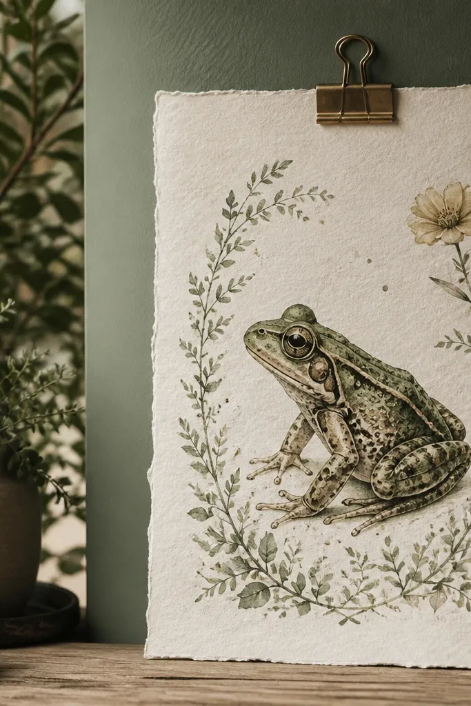 Frog centered with a dark botanical border on textured rag paper