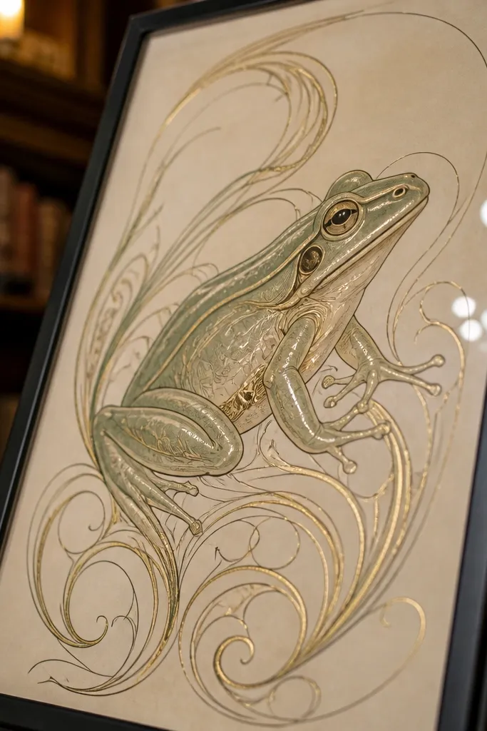 Decorative art nouveau frog with swirling lines and gold leaf accents