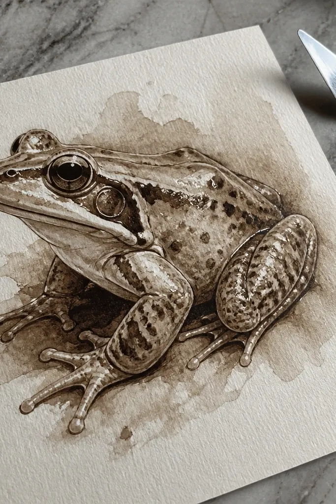 Gray-brown frog drawing with umber washes and tiny glossy highlights