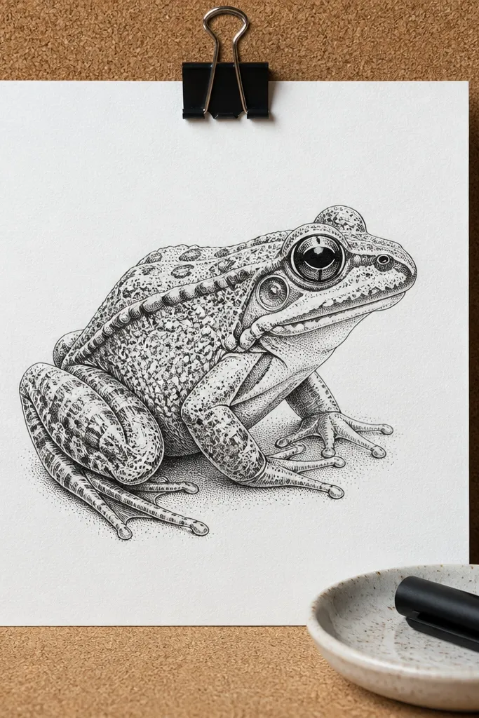 Black ink frog made of dots with crosshatched shadow areas