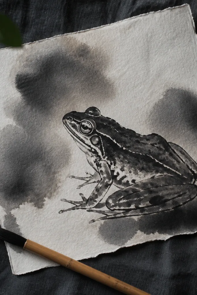 Sumi ink frog with soft halo washes and feathered edges