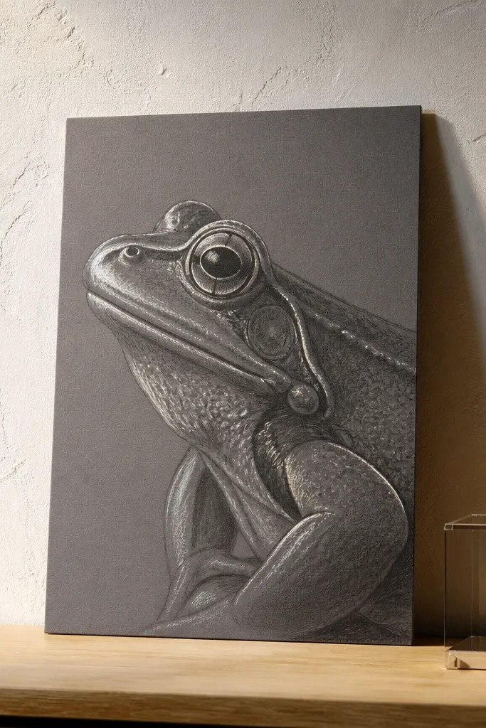 Frog portrait with metallic silver highlights on skin and background