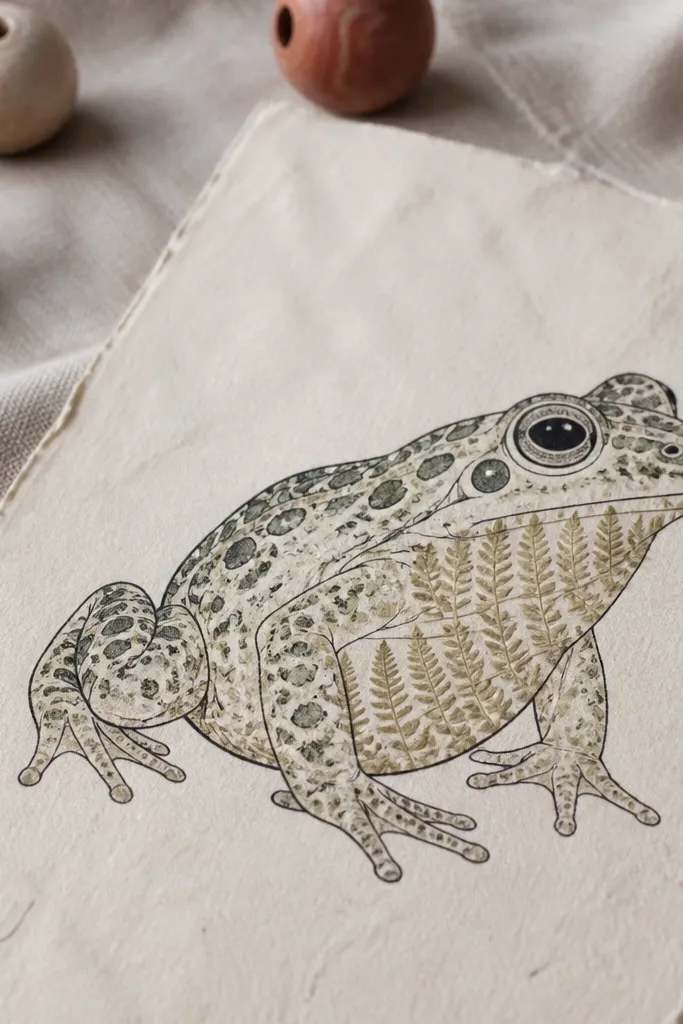 Frog outline filled with pressed fern texture on cream paper