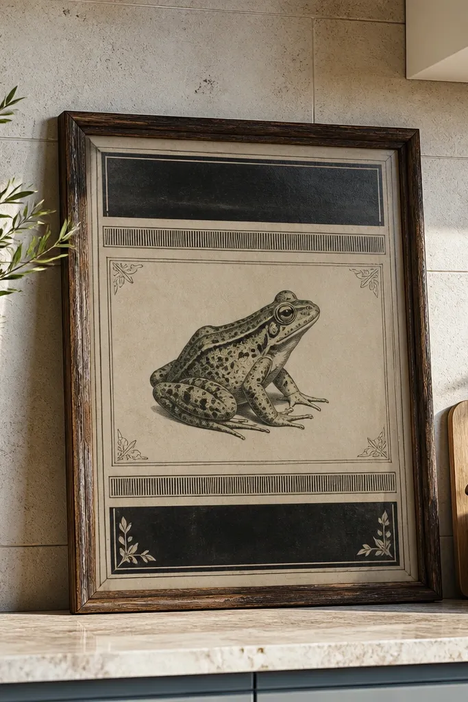 Frog drawing framed by a vintage label with crisp typographic lines
