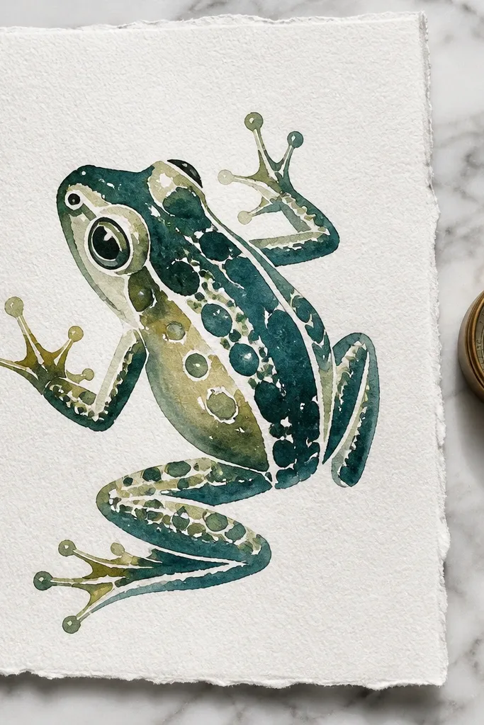Green frog with two watercolor tones and bright negative-space highlights