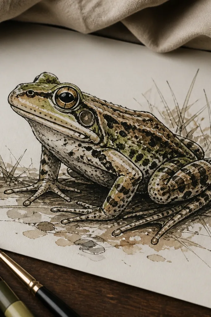 Ink frog with green washes and sharp white speckles on the back