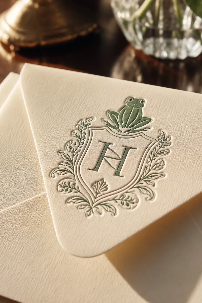 Frog crest drawing with a raised embossed border and a small monogram