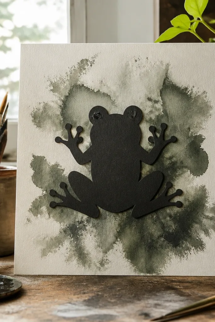 Dark frog silhouette over a smoky ink-wash background with soft edges
