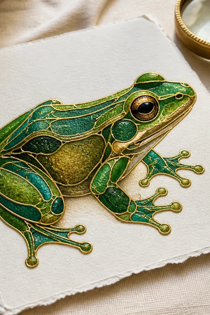 Frog outlined with thin gold lines forming enamel-like color cells