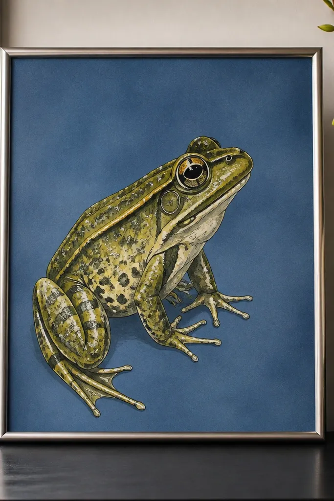 Frog portrait with a French blue wash background and olive-green skin