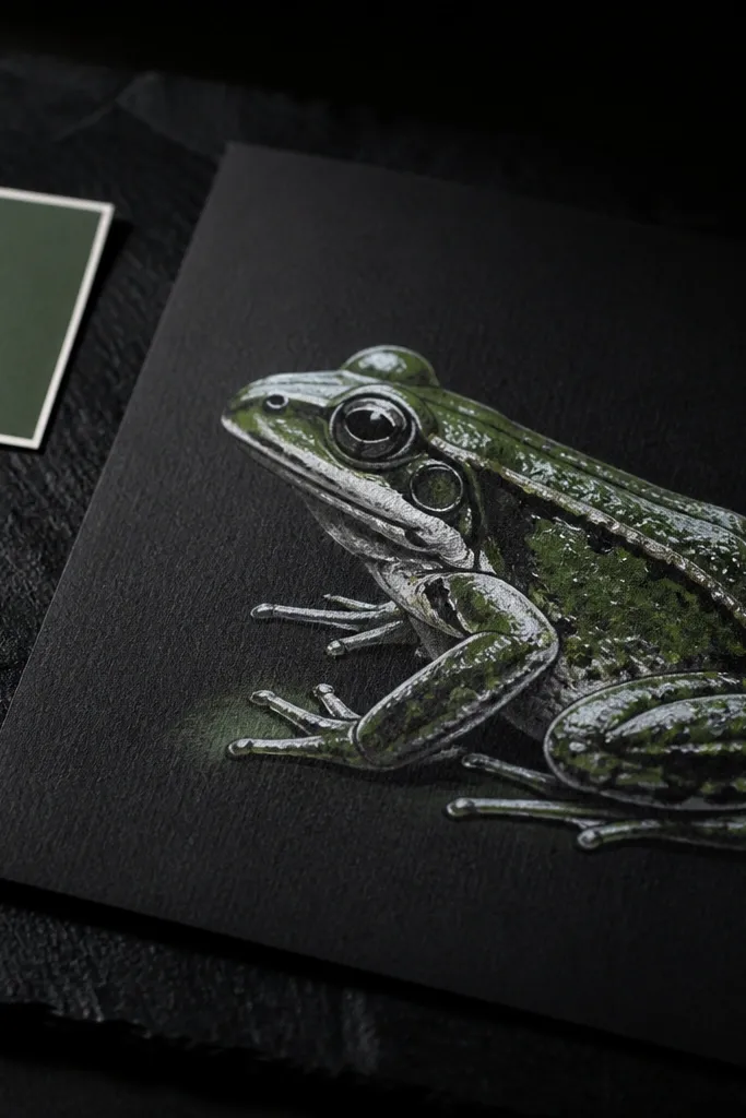 Frog on black paper with chalky white highlights and green glaze shadows