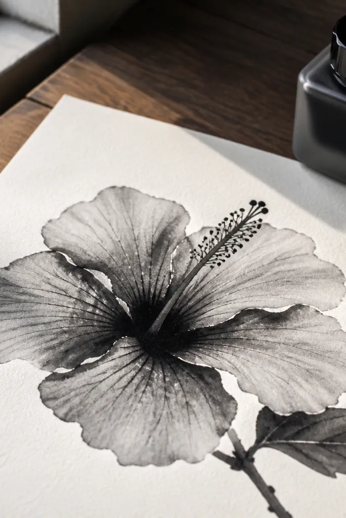 Black hibiscus flower with soft grey shading and crisp ink edges