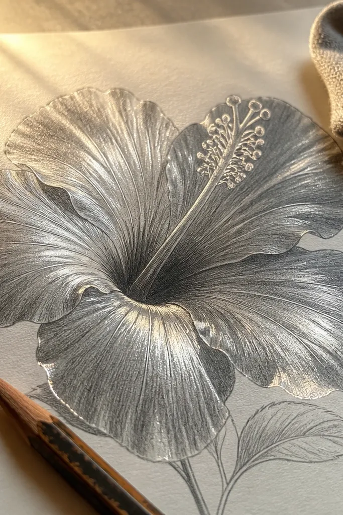 Pencil hibiscus with smooth grey shading and bright burnished petal highlights