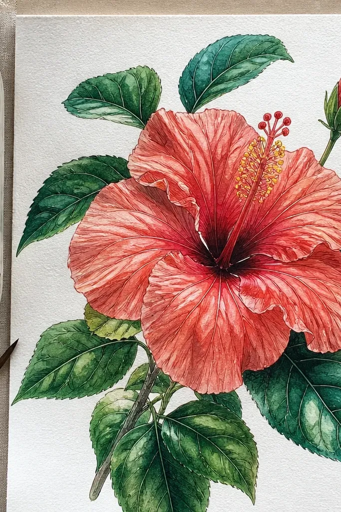Emerald green leaves and coral hibiscus petals with layered translucent color