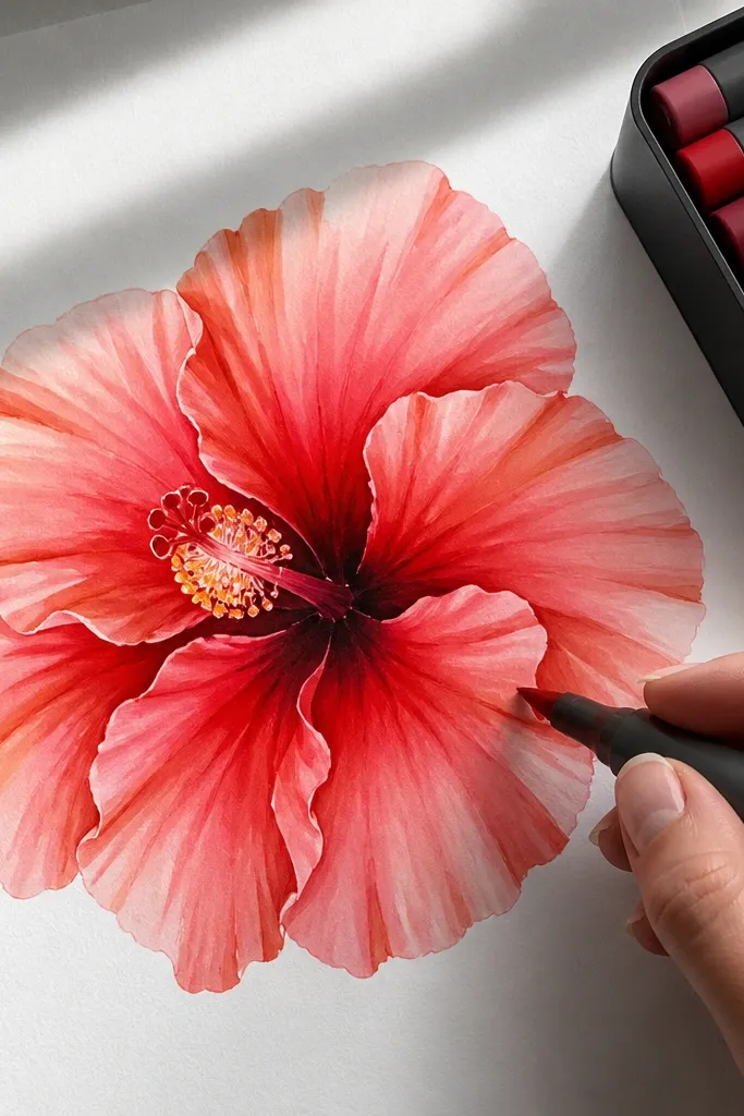 Hibiscus petals shaded with smooth two-tone gradients and clean marker edges
