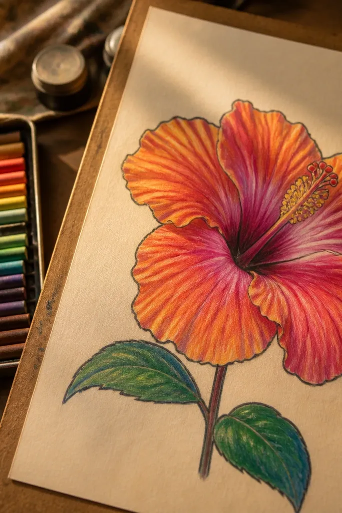 Hibiscus with dark outline and soft waxy shading on petals and leaves