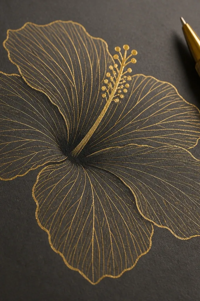 Hibiscus drawing with gold metallic lines on petal veins and crisp colored shading