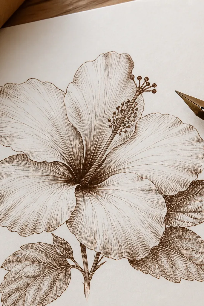 Sepia hibiscus with dense crosshatching in shadows and light petal areas left open