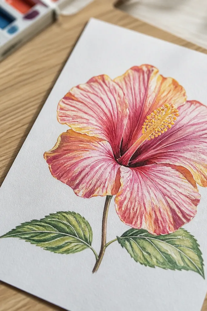 Hibiscus painted with watercolor pencil, with lifted bright highlights and crisp veins