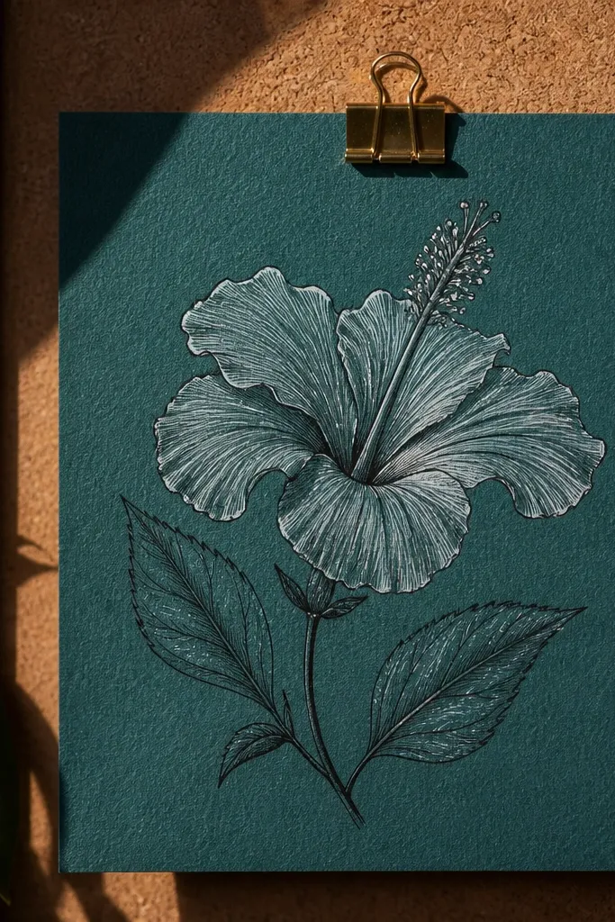 Hibiscus drawn in black ink with white gel highlights on a colored background