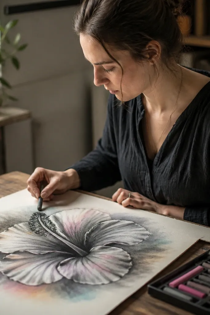 Charcoal hibiscus with soft pastel color dust in petals and leaves