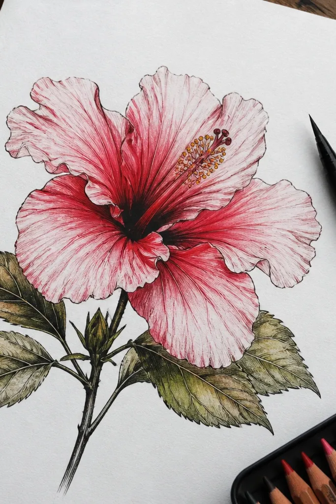 Clean brush-ink hibiscus with refined colored pencil shading on petals and leaves