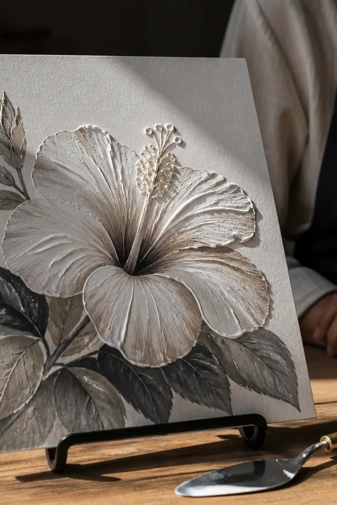 Hibiscus drawing with raised white paste highlights on petal folds