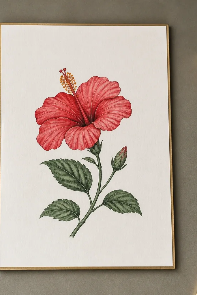 Hibiscus inside a thin gold frame with lots of clean negative space