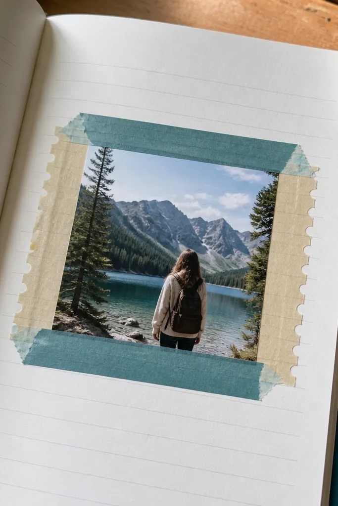 Journal page with a washi tape frame and a centered card with rounded corners