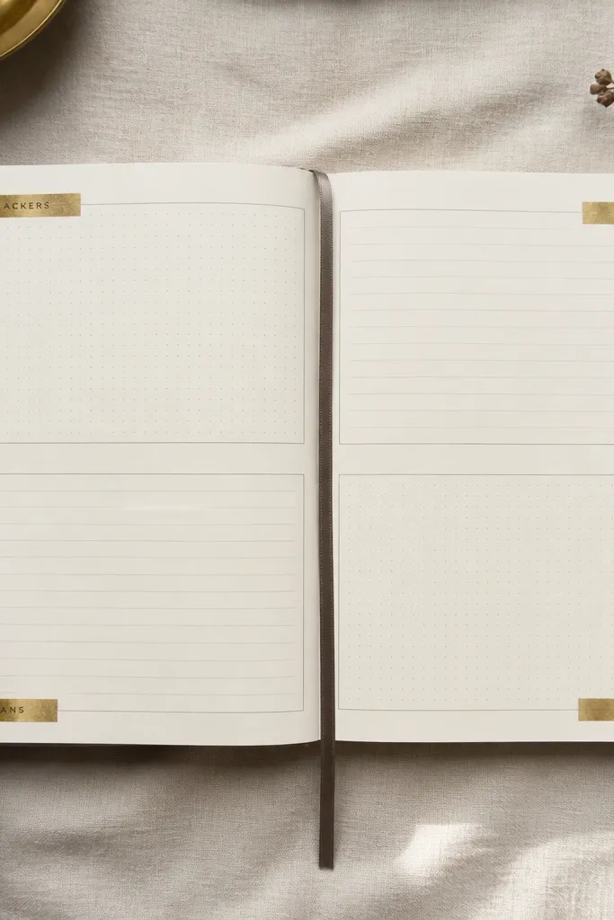 Journal page with small foil stamped corner tags and clean section headings