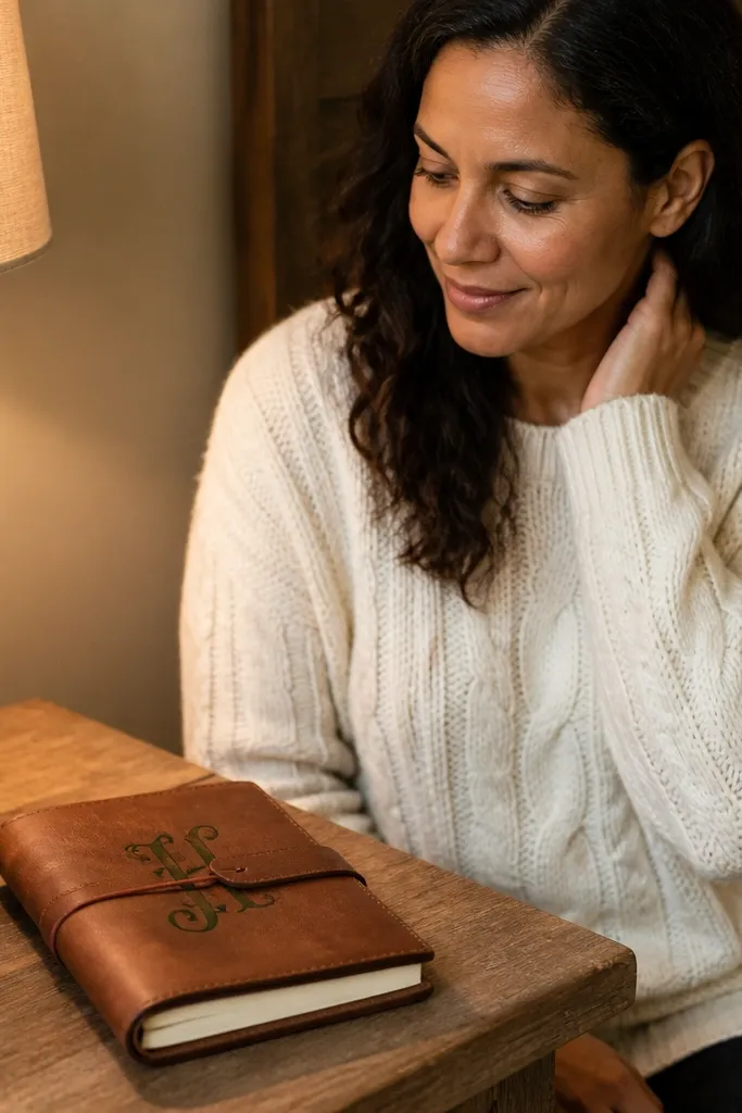 Journal with a leather-style wrap band, elastic loop, and a simple monogram on the front