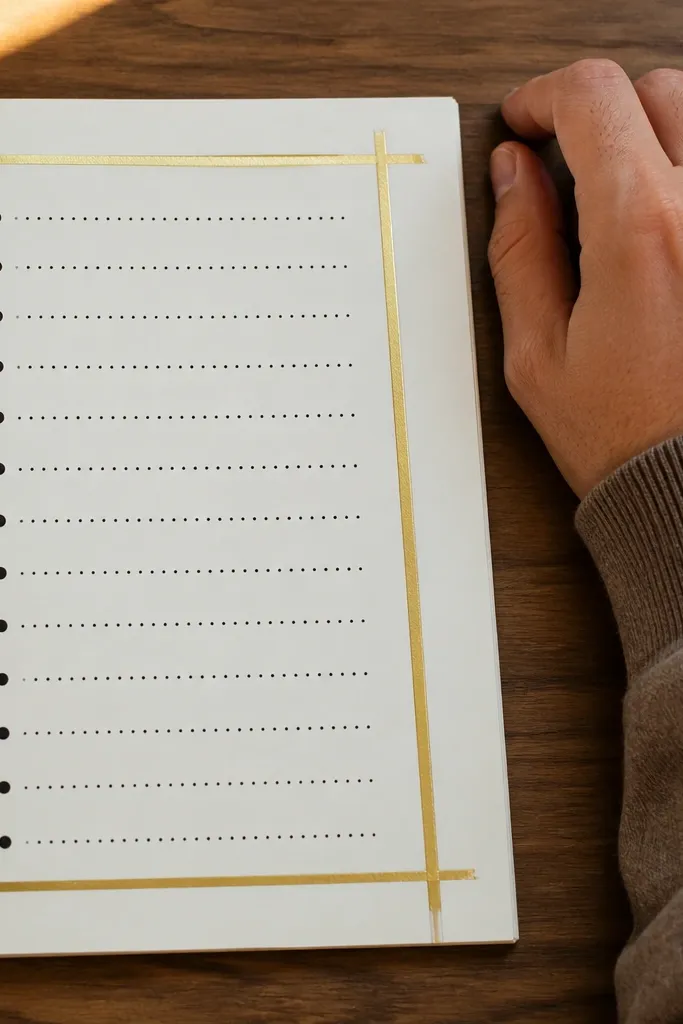 Journal page with gold margin tape lines and dot-style checkboxes in neat rows