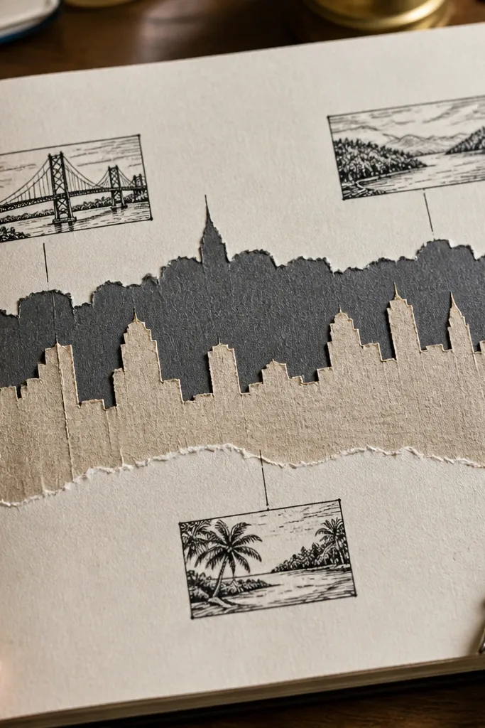 Journal page with torn paper skyline shapes and black ink captions underneath
