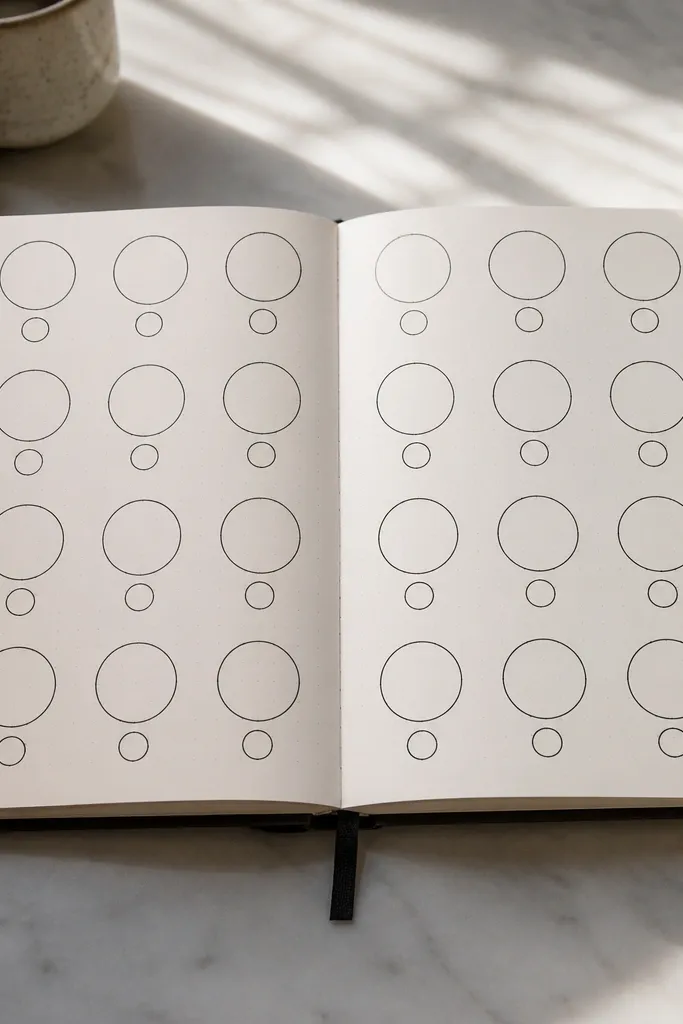 Journal page with stamped circles arranged in a neat pattern and date text inside