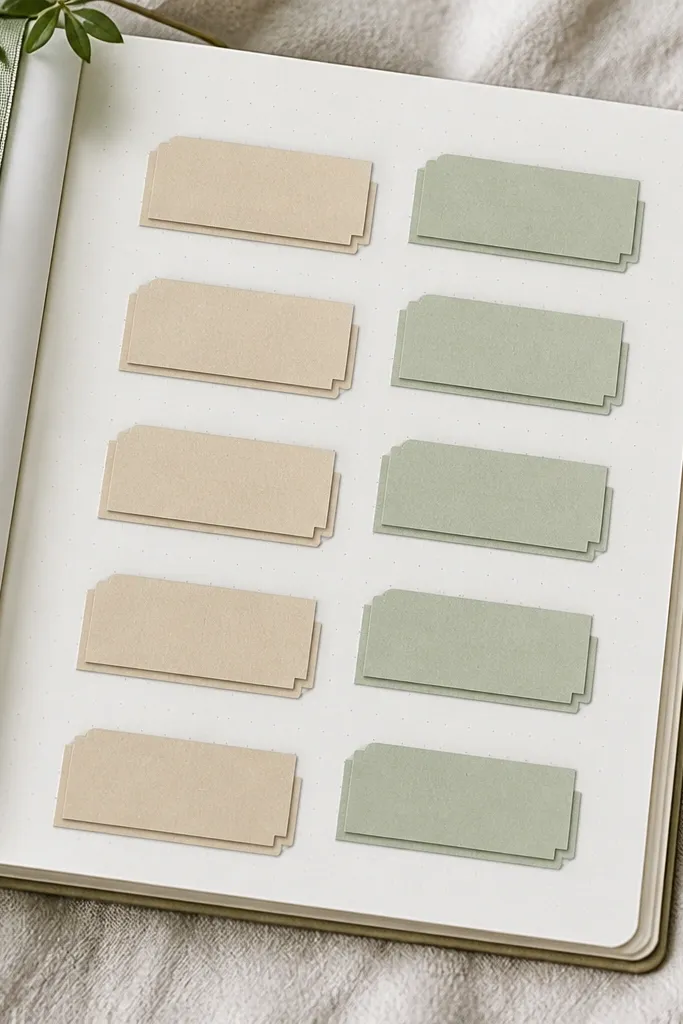 Journal page with layered matte sticker label tabs and typed-style headings