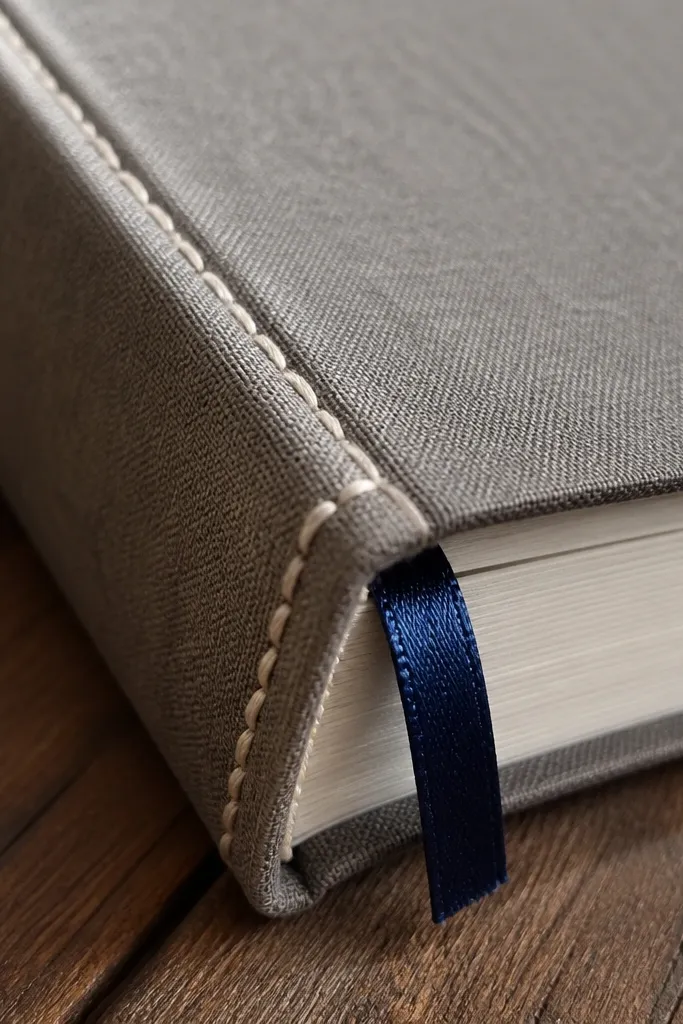 Journal cover with a visible ribbon bookmark seam and a neat threaded edge detail