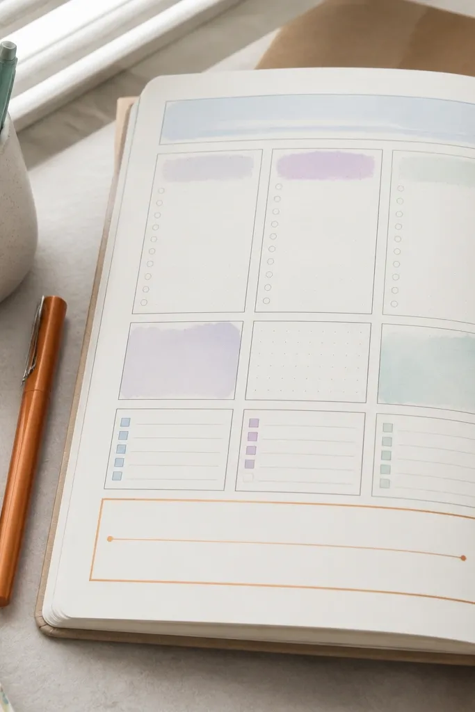 Journal page with pastel wash label boxes and text written in one accent color