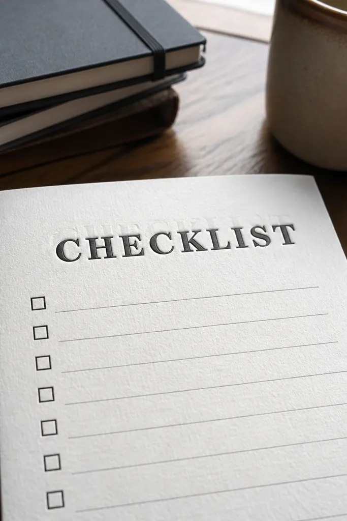 Checklist page with a faux letterpress-style header and small checkboxes