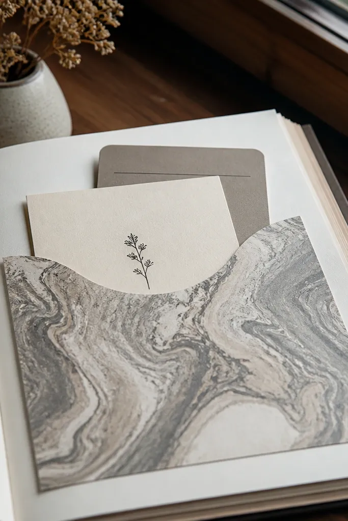 Journal page with a marbled paper pocket holding small insert cards