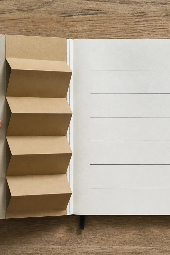 Journal page with a folded accordion side panel in kraft paper and neat labels