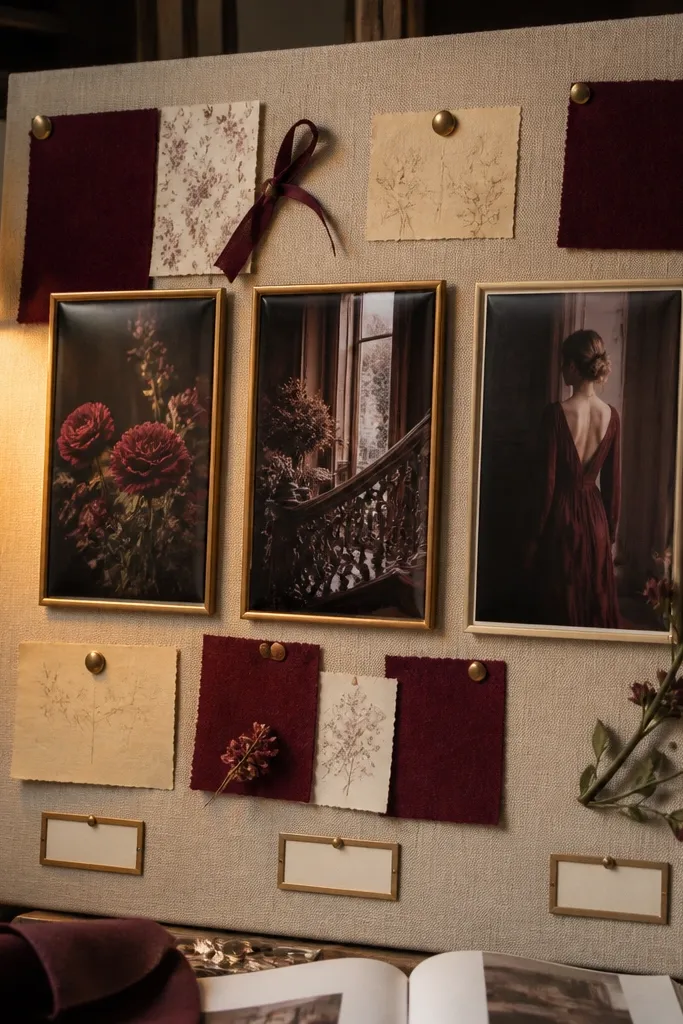 Oxblood fabric swatches on cream linen with framed date photos and small gold labels