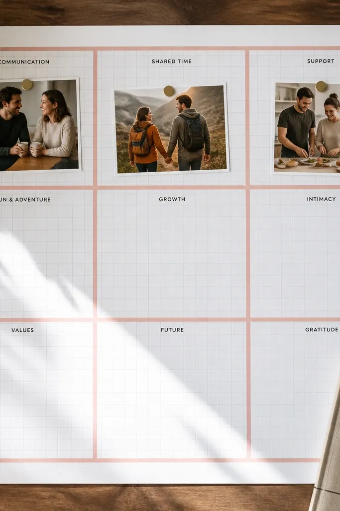 Charcoal and porcelain layout with grid lines, printed checklists, and soft rose accents