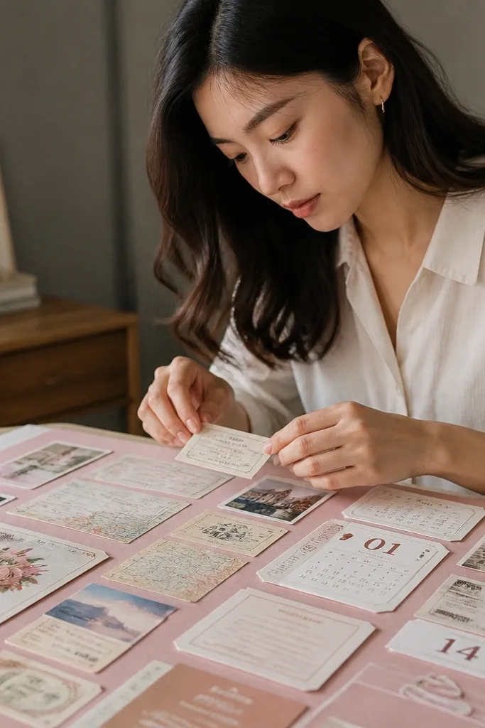 Soft rose ticket stubs, tiny map scraps, and framed date photos on blush cardstock