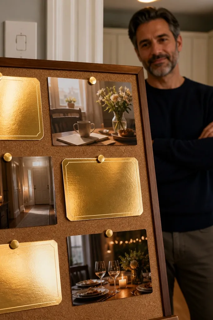 Gold foil boundary cards with cream background and small photos of calm home scenes