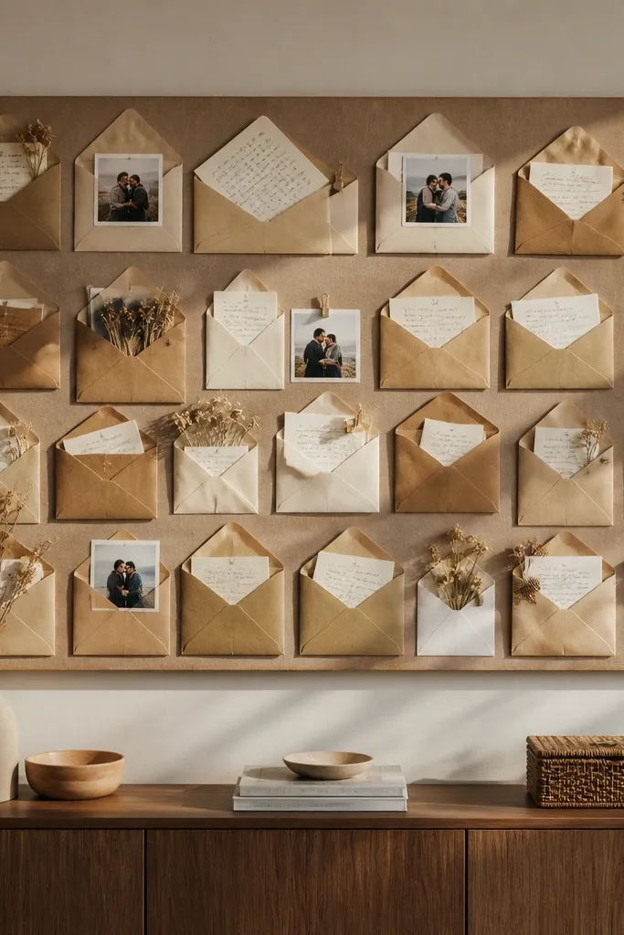Brown kraft envelopes layered with strips and soft rose labels on neutral board