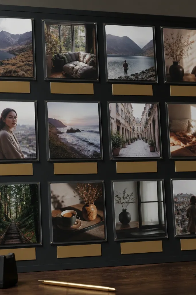 Charcoal grid layout with glossy squares and muted gold captions