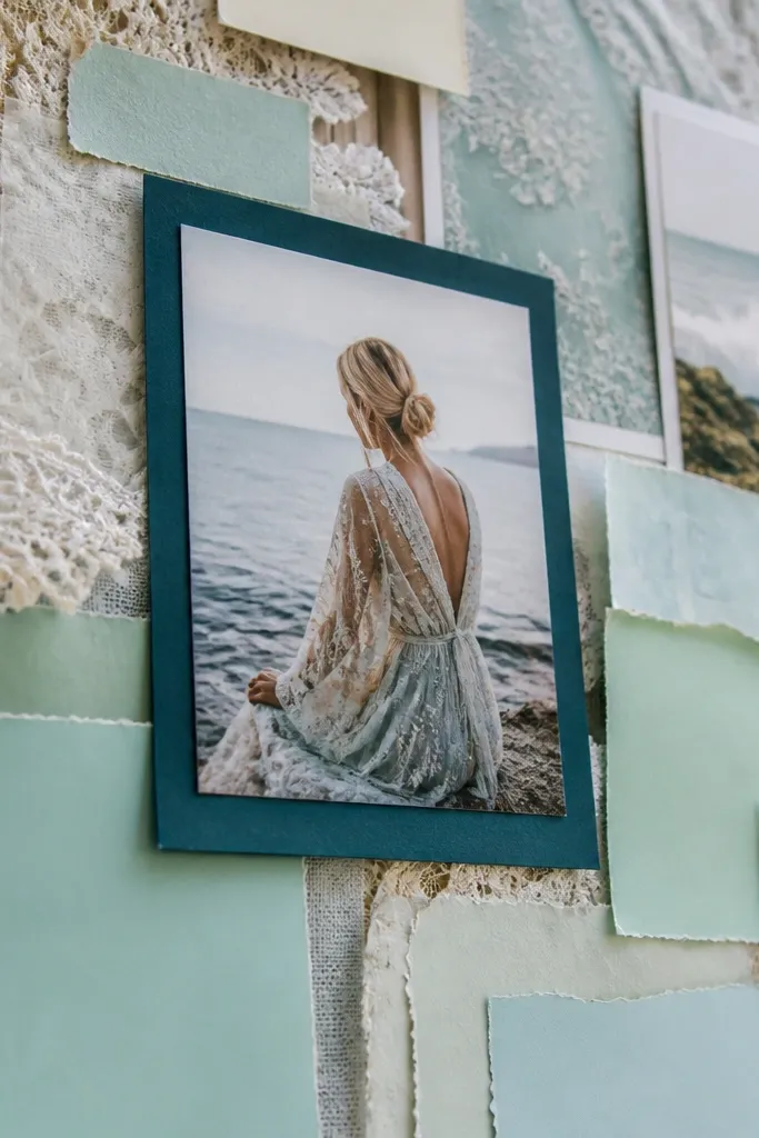 Sea glass colors with lace fabric overlay and one deep teal framed in center
